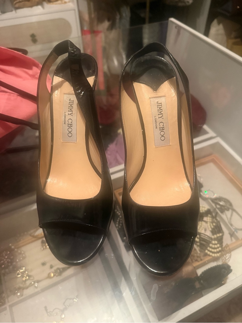 Jimmy Choo Black Patent Peep-Toe Slingback Heels